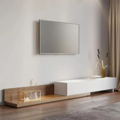 Soporte de TV extensible de madera, centro de entretenimiento rectangular con estantes y cajones, consola multimedia blanca y de nogal para sala de estar y dormitorio