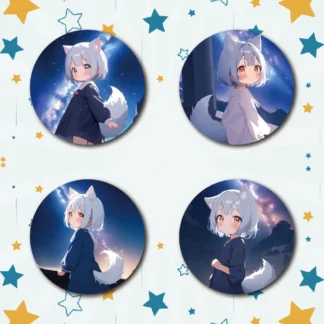 58mm Anime oreja de gato chica peluda coleccionista Pin de Metal insignia de hojalata con película de brillo de vidrio imán para refrigerador llavero de espejo