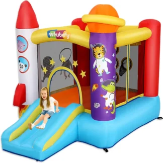 Whubefy 106x81x79in Casa de rebote inflable para niños de 3 a 6 años, castillo de juego de rol de astronauta de aventura espacial con tobogán, red de seguridad,