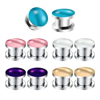 Par de tapones para los oídos de piedra de ojo de gato Natural, túnel para carne, doble acampanado, 4g (5mm) a 13/16 ''(20mm), ajuste de tornillo camilla de calibre