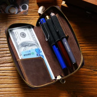 Estuche de bolígrafo con cremallera de cuero genuino de primera calidad, bolsa organizadora multipen, soporte para caja de papelería de gran capacidad, 16,5x8x2,5 cm