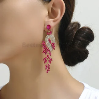 Pendientes largos con diseño de hoja de arce y diamantes de imitación brillantes para mujer, joyería elegante de lujo, estilo vocacional, regalo de vacaciones para niña