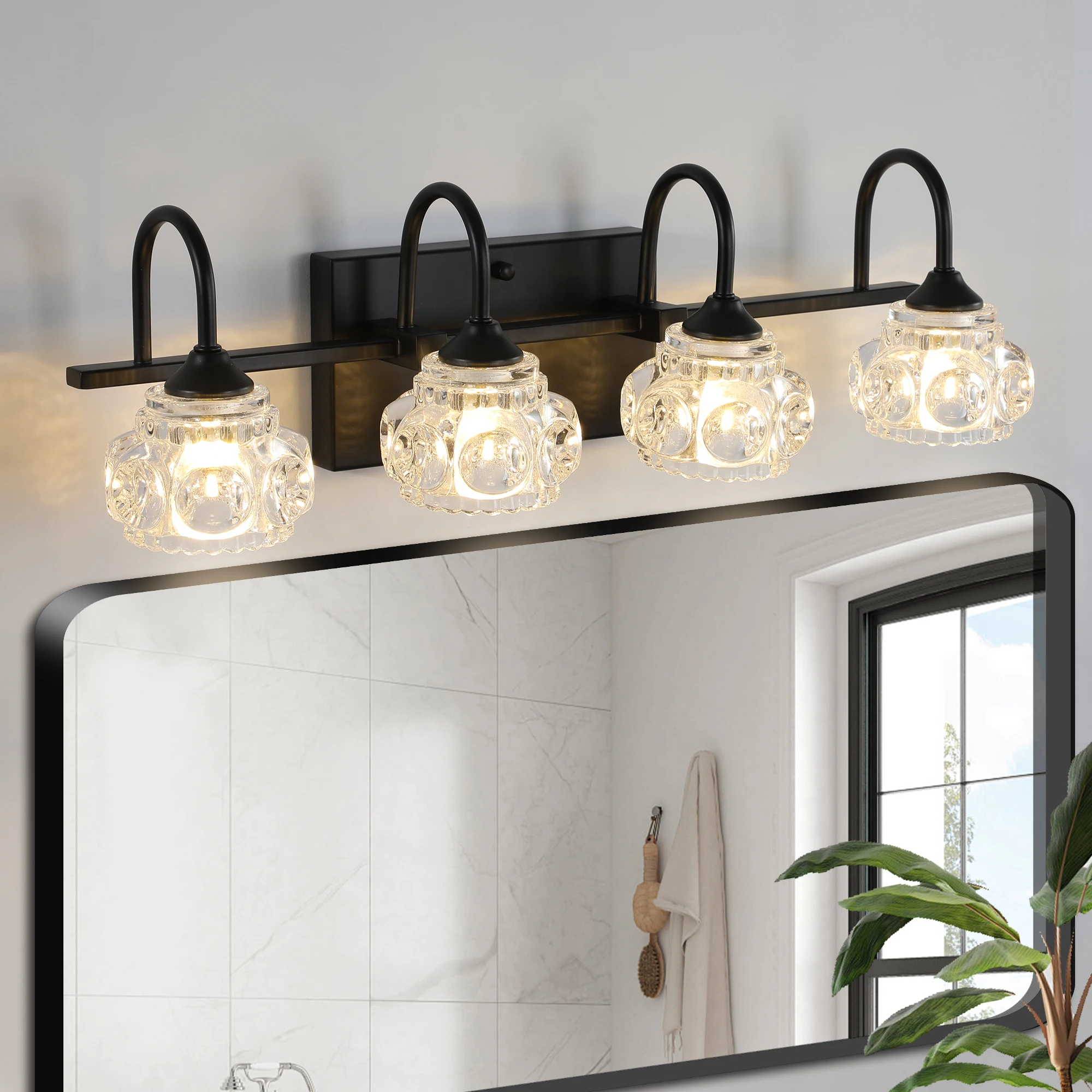 Lámpara de tocador de baño retro de 4 luces de 23" - Acabado negro con pantallas de cristal, iluminación montada en la pared