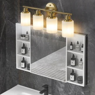 Luz moderna para espejo de baño de 4 luces de 24", vidrio blanco esmerilado con marco de hierro, aplique de pared contemporáneo