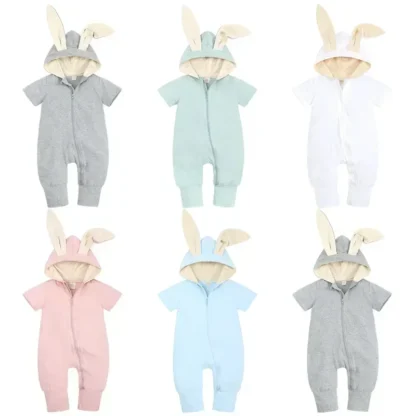 Pelele de conejo de dibujos animados para bebé, pelele tejido de manga corta con cremallera de algodón de Color sólido, ropa de moda para niñas recién nacidas de 3 a 18 meses