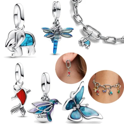 Plata de Ley 925, serie de animales azules, elefante, mariposa, colgante exquisito, pulsera DIY, joyería para mujer, regalo de cumpleaños