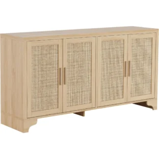 Aparador Buffet de ratán natural con almacenamiento, gabinete grande de ratán de granja con 4 puertas, cafetería con acento de madera