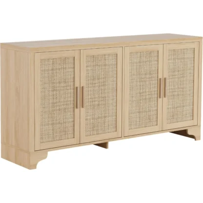 Aparador Buffet de ratán natural con almacenamiento, gabinete grande de ratán de granja con 4 puertas, cafetería con acento de madera