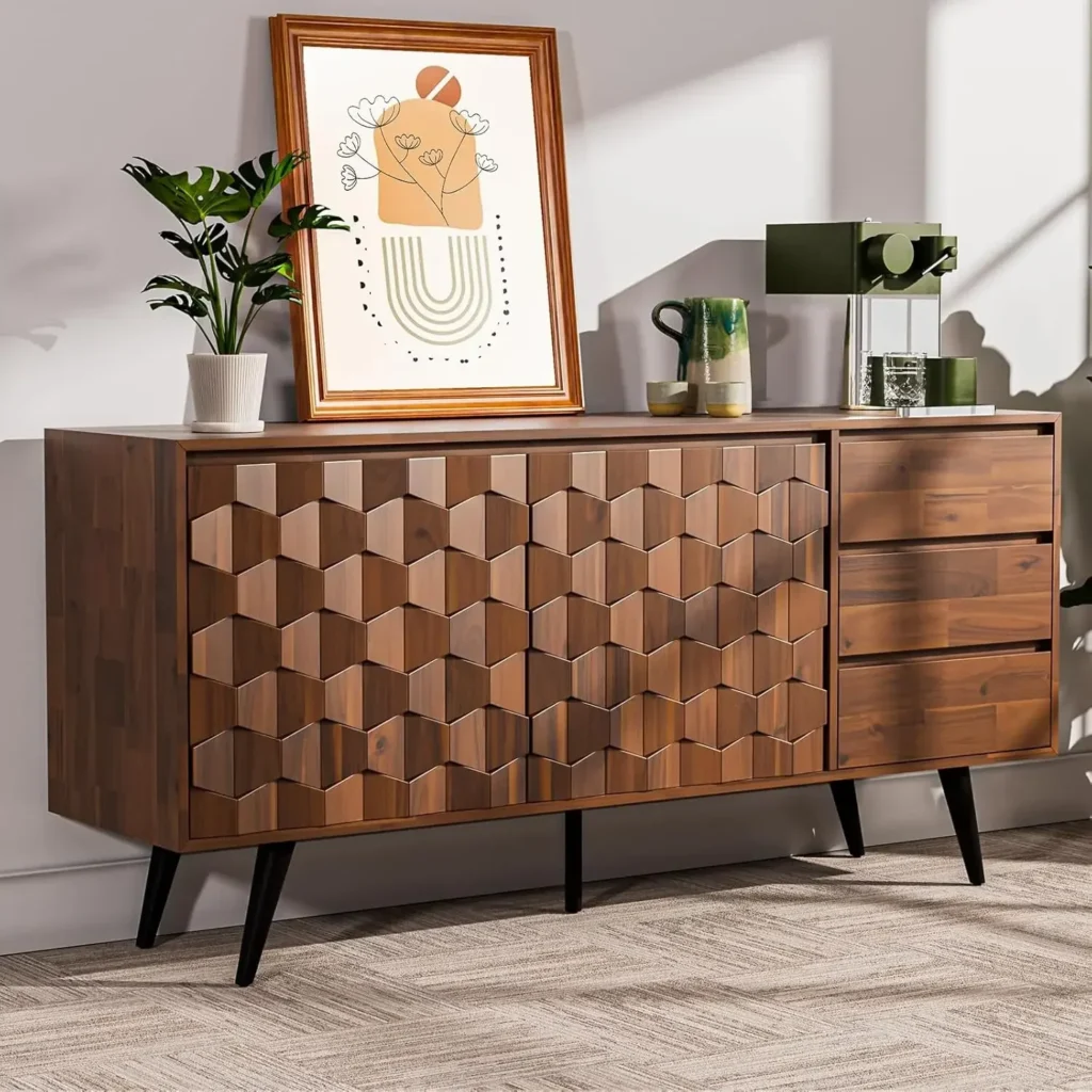 Aparador Georgina de madera maciza, 2 puertas y 3 cajones, mueble con estampado geométrico para cocina, comedor, salón