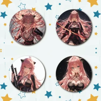 Insignia de hojalata con Pin de Metal de coleccionista de chica de pelo rosa brillante de 58mm con película de brillo de vidrio llavero de espejo magnético para refrigerador