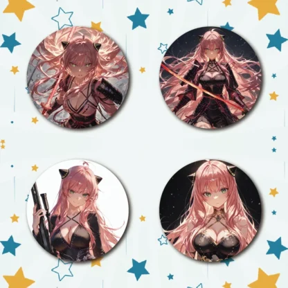 Insignia de hojalata con Pin de Metal de coleccionista de chica de pelo rosa brillante de 58mm con película de brillo de vidrio llavero de espejo magnético para refrigerador