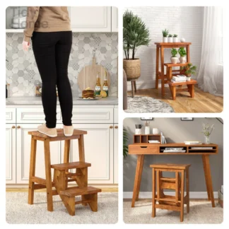 Taburete de madera maciza 2 en 1, escalera de mano resistente, muebles que ahorran espacio, taburete de pie multifuncional con pedal superior, marrón