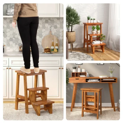 Taburete de madera maciza 2 en 1, escalera de mano resistente, muebles que ahorran espacio, taburete de pie multifuncional con pedal superior, marrón