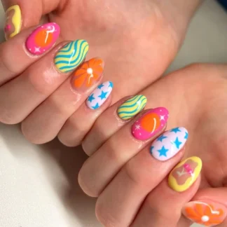 24 Uds. De puntas de uñas postizas de Color veraniego Y2k, estampado de flores y estrellas, prensa de almendra en uñas, parches de uñas postizas desmontables para Spice Girl
