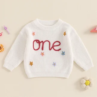 Traje de primer cumpleaños para niña, suéter bordado, jersey de punto de gran tamaño, ropa bonita de invierno para 1er cumpleaños