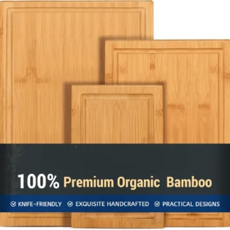 Juego de tabla de cortar de bambú de 3 piezas: resistente con ranura para jugo para carne y verduras, ecológica