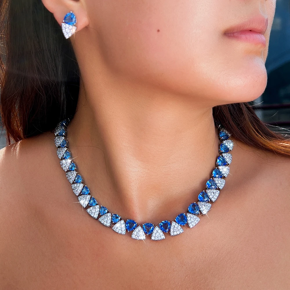 ThreeGraces lujo único brillante tanzanita sintética y Zirconia forma triangular nupcial boda fiesta joyería conjunto para mujer T1081