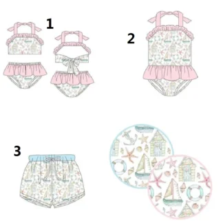 Gran oferta de verano, traje de baño con estampado de concha para niña, traje de baño rosa con volantes y cuello Halter, traje de baño exquisito azul para niño, Material de seda de leche