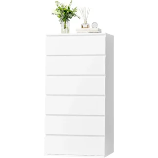 FOTOSOK Cómoda blanca, cómoda de 6 cajones, gabinete de almacenamiento moderno de piso alto, riel deslizante de metal, gabinete con cajones sin manijas de madera