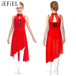 Vestido de baile lírico para niñas, disfraz de princesa bailarina, corpiño de lentejuelas sin mangas, vestido de leotardo de Ballet de malla transparente asimétrico