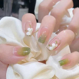 24 Uds gradiente brillo verde Primavera Verano prensa en uñas con diseño de flores blancas puntas de uñas cuadrado rosa uñas postizas con pegamento