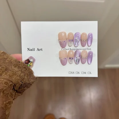 10 Uds. De uñas postizas francesas con forma de ojo de gato, tulipán púrpura, corazón, decoración de uñas con lazo dulce, uñas postizas con perlas y diamantes
