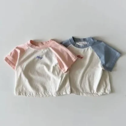 Camiseta de manga corta para bebé, camiseta con estampado de letras de juego para niño y niña, camiseta informal infantil, camiseta de algodón para niño 2025, novedad de verano