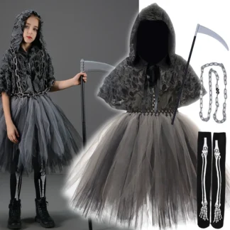 Disfraz de muerte de Halloween con sudaderas con capucha para niñas, tutú de tul para juegos de rol malvados, fiesta de Carnaval para niños, ropa con cadena de hoz elegante