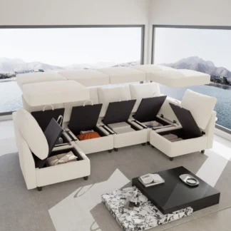 Sofá seccional modular de gran tamaño beige de 131,6"/108" con almacenamiento y cargadores USB, cómodo sofá seccional con 6 asientos, 6 piezas M