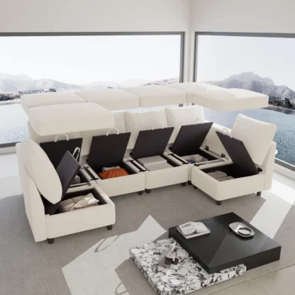 Sofá seccional modular de gran tamaño beige de 131,6"/108" con almacenamiento y cargadores USB, cómodo sofá seccional con 6 asientos, 6 piezas M