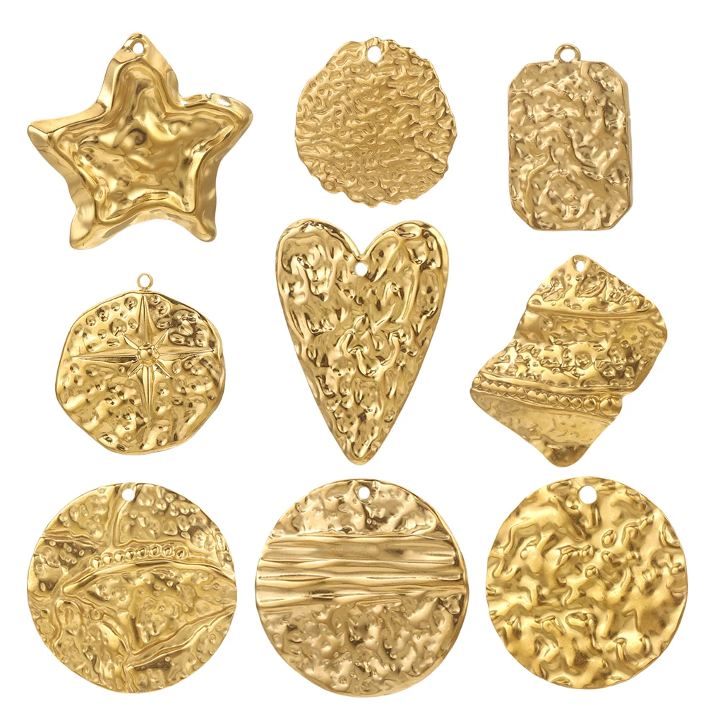 5 uds. De dijes chapados en oro de acero inoxidable para fabricación de joyas, dijes en relieve, pendientes DIY para mujer, conectores de collar, colgante artesanal