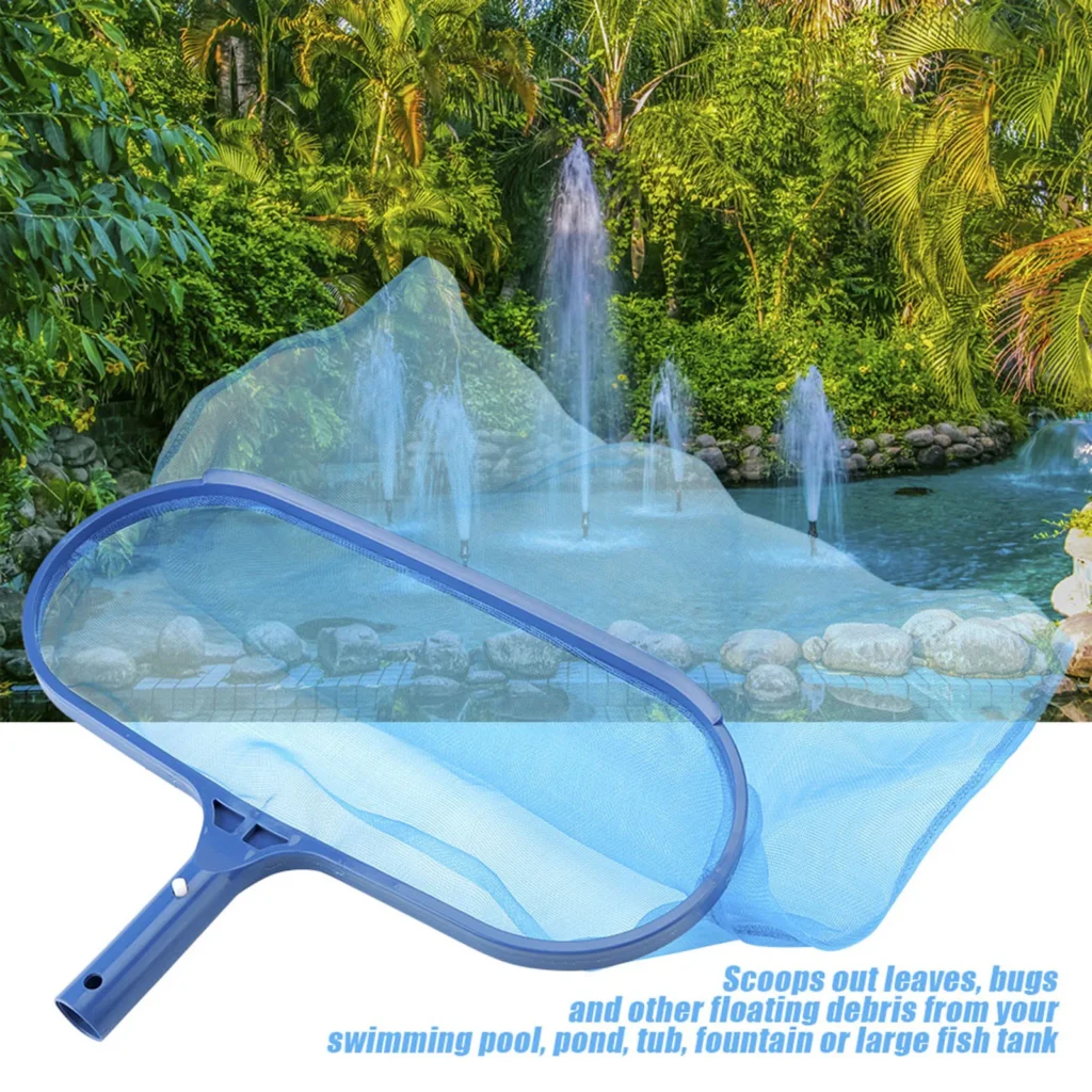 Espumadera de hojas de plástico azul, red de malla fina, bolsa profunda, herramienta de limpieza de bañera y estanque de piscina