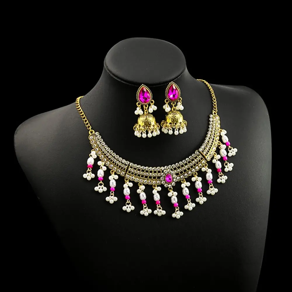 Conjunto de joyería de cristal de estilo coreano, pendiente con borla de diamantes de imitación turquesa bohemia, collar con cadena para el cuello, collar brillante, regalo