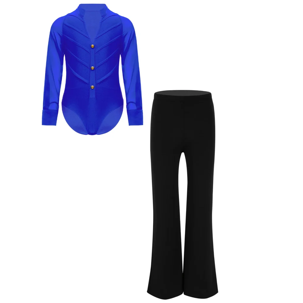 Conjuntos de baile de Jazz latino para niños, traje de salón, leotardo de manga larga con cuello levantado y pantalones para competición de puesta en escena