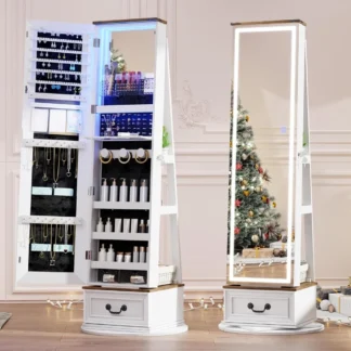 Gabinete de joyería con espejo LED de pie, 360 ° Armario de joyería giratorio con espejo de longitud completa, espejo con almacenamiento de joyas y grande