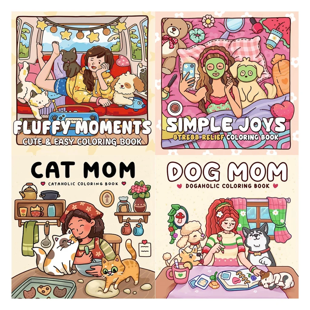 Libros para colorear Dog Mom, escenas animadas, fácil colorear, para padres en casa, bricolaje para niños, relajarse, desplegar, aumentar la creatividad