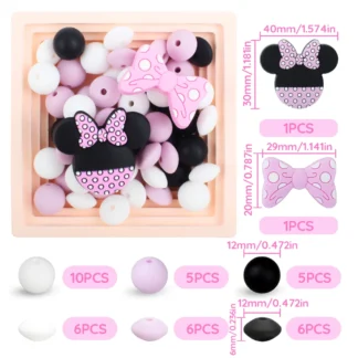 40 unids/set de cuentas de silicona para bebé, conjunto de cuentas de dentición redondas con lazo de 12mm, cuentas en forma de ratón, mordedor para cadena de chupete, accesorios con Clip