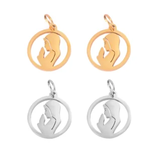 Colgantes redondos de la Virgen María para fabricación de joyas, dijes de acero inoxidable, pulido de espejo, collar DIY, venta al por mayor, envío directo, 5 unidades por lote