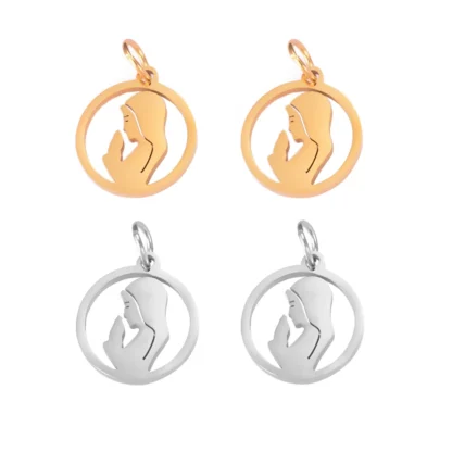 Colgantes redondos de la Virgen María para fabricación de joyas, dijes de acero inoxidable, pulido de espejo, collar DIY, venta al por mayor, envío directo, 5 unidades por lote