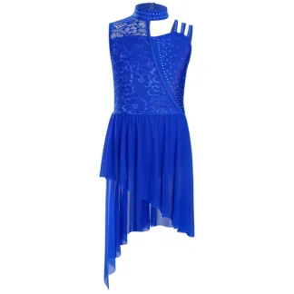 Vestido de baile lírico de Ballet para niñas, Ropa de baile contemporánea moderna, cuello simulado, encaje Floral, diamantes de imitación, dobladillo Irregular, vestido de leotardo