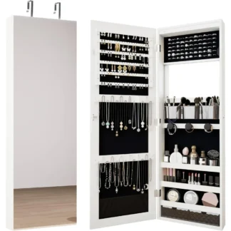 Gabinete de joyería con espejo, organizador de gabinete de joyería con cerradura con espejo incorporado, luces LED, cajones, bandejas de cosméticos, estantes