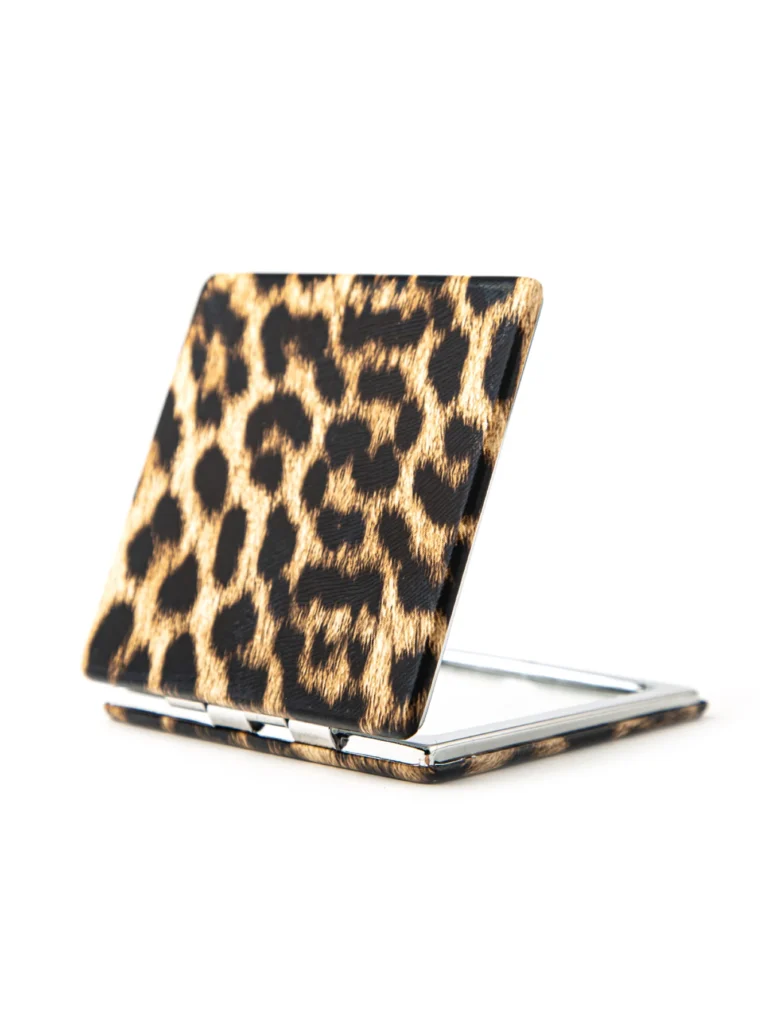 Espejo de leopardo cuadrado de 70 mm: espejo de maquillaje grande HD de doble cara, espejo de tocador portátil de mano para bolso y viaje