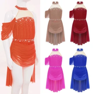 Vestido de leotardo de Ballet para niñas, traje de baile latino de Jazz lírico, vestido de gimnasia de malla fruncida con diamantes de imitación, Ropa de baile para escenario