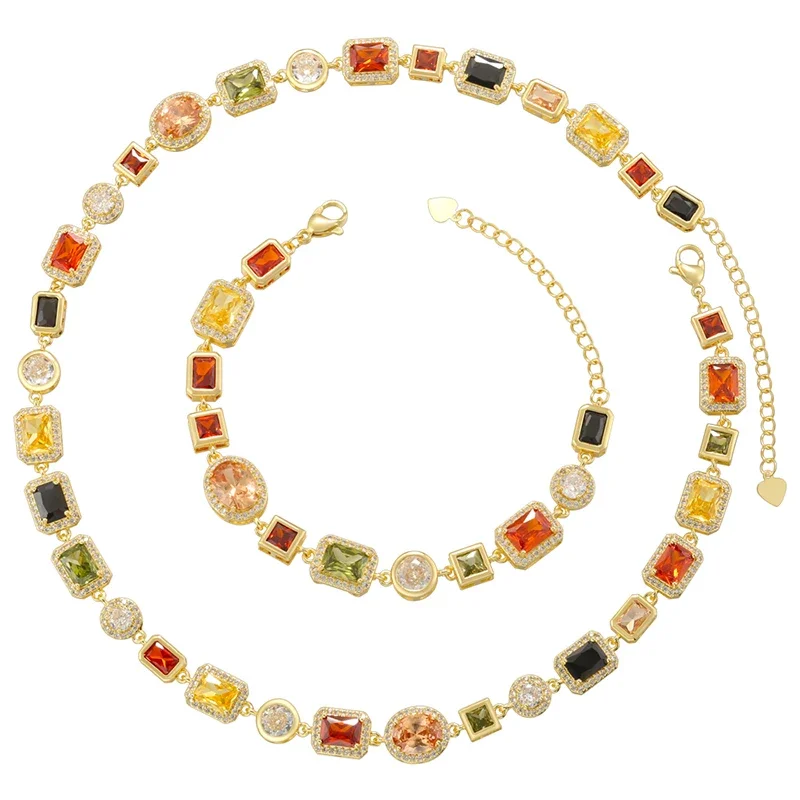 ZHUKOU 18K chapado en oro empalmado colorido CZ pulsera de piedras preciosas collar con estilo Hip Hop joyería de pareja Unisex: VL561 VL562