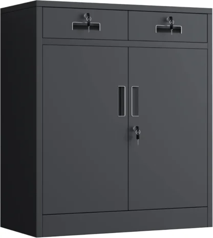 Gabinete de almacenamiento de metal con puertas cerraduras y 2 cajones, gabinetes de almacenamiento con cerradura y estante ajustable para oficina en casa