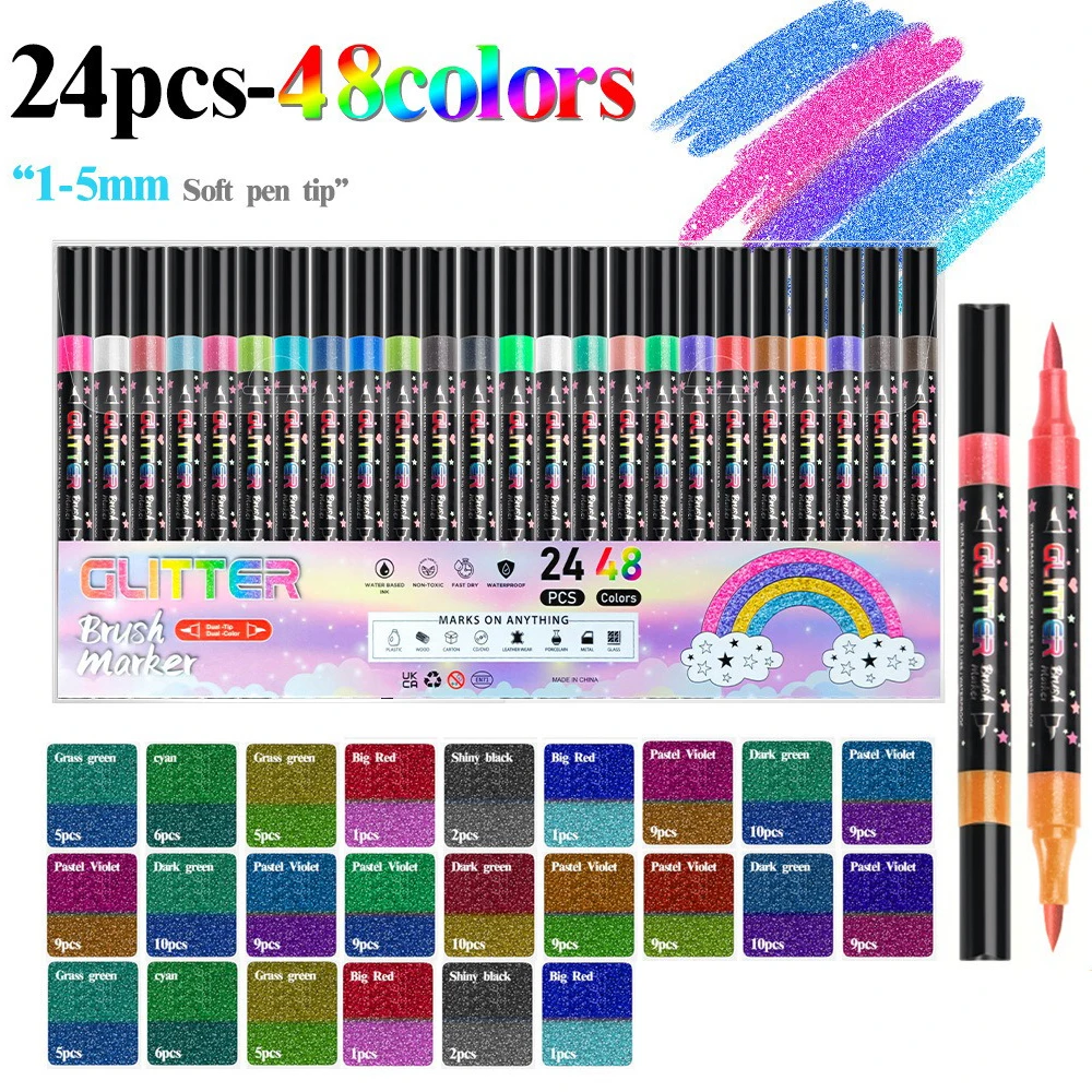 Rotuladores acrílicos con purpurina, 24/48 colores, bolígrafos de pintura brillantes y brillantes para pintura en roca, piedra, cerámica, vidrio, madera, tela, álbum de recortes