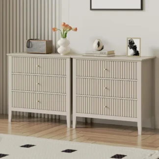 Juego de 2 cómoda de 3 cajones, cajones de madera estriados para dormitorio, mesita de noche moderna pintada de 30 pulgadas de ancho para dormitorio, entrada