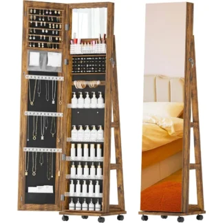 Gabinete de joyería con espejo de pie, gabinete de joyería con espejo de longitud completa con ruedas, 360 °   Almacenamiento de joyas giratorio con luces LED