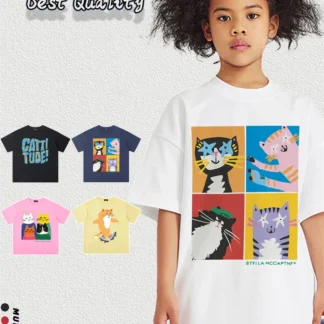 Camiseta de gato bonito, ropa de verano para niñas, camisetas de media manga con estampado de dibujos animados para niños, ropa informal de moda de algodón, Tops de cuello redondo para niños