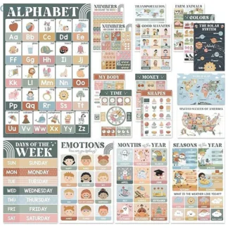 18 carteles educativos bohemios modernos para niños en edad preescolar, gráficos de carteles laminados de aprendizaje pre-k y jardín de infantes para niños pequeños